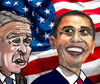 Cartoon: Forerunner and Successor (small) by Pascal Kirchmair tagged stars and stripes etoiles et bandes sternenbanner banniere etoilee star spangled banner george bush barack obama presidents usa amerika vereinigte staaten amerique washington flag flagge drapeau americain fahne american amerikanische