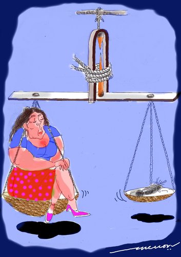 Cartoon: feather weight woman (medium) by kar2nist tagged weight,feather,obese,scales