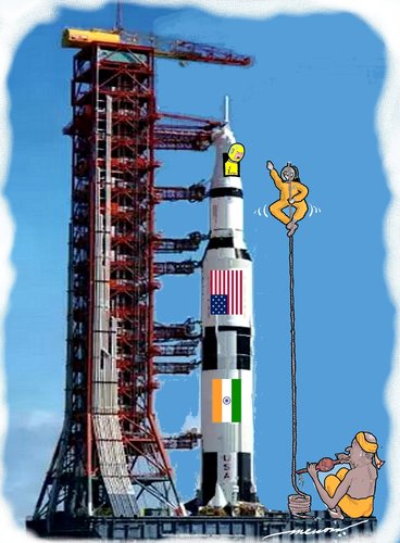 Cartoon: Indo-Us joint space odyssy! (medium) by kar2nist tagged rocket,jointventure,us,india,launch,space