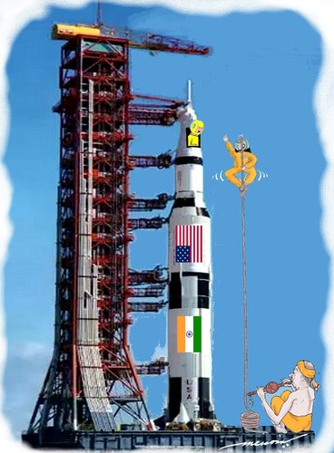 Cartoon: Indo Us Joint Space flight (medium) by kar2nist tagged space,flight,indian,ropetrick,us,programme