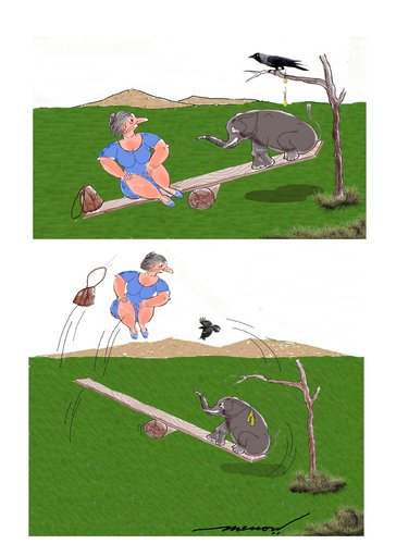 Cartoon: Oh Shit (medium) by kar2nist tagged balancing,elephant,crow,unbalance,seesaw