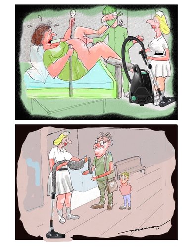 Cartoon: Quick Delivery for the pregnant (medium) by kar2nist tagged pregnancy,ward,labour,hospital,cleaners,vaccum,babies,delivery