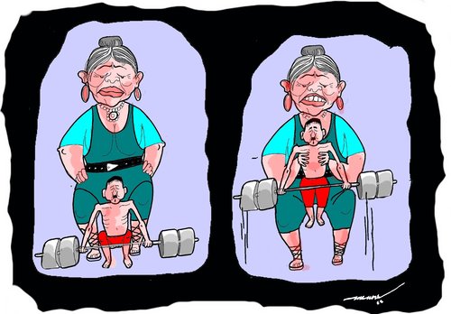 Cartoon: unsuccessful  man (medium) by kar2nist tagged man,woman,weightlifting,husband,wife