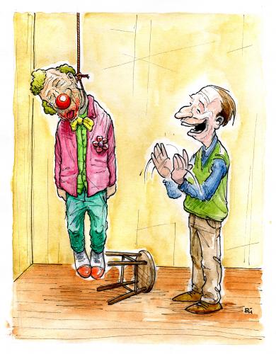 Cartoon: Clowns sind lustig. (medium) by Bülow tagged cartoon,cartoons,clown,zirkus,tod,sterben,selbstmord,suizid,galgen,strick,galgenstrick,galgenhumor,humor,lachen,lächeln,hängen,erhängen,spaß,leben,existenz,jenseits,lebensmüde,trauer,traurig,zuschauer,manege,witz