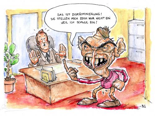 Cartoon: Diskriminierung (medium) by Bülow tagged gay,schwul,arbeit,diskriminierung,schwul,homosexualität,homosexuell,homosexueller,homophobie,männerbund,männerbünde,männerfreundschaft,männer,mann,geschlecht,orientierung,neigung,arbeit,vorstellungsgespräch,einstellungsgespräch,diskriminierung,vorurteil,voruteile,job,karriere,beruf,jobsuche,arbeitssuche,aussehen,pflege,hygiene