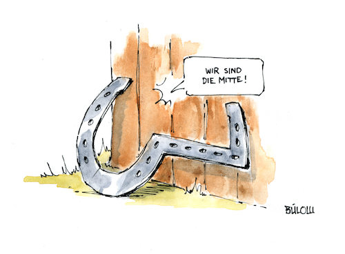 Cartoon: Hufeisentheorie (medium) by Bülow tagged hufeisen,hufeisentheorie,politik,rechts,links,mitte,hufeisen,hufeisentheorie,politik,rechts,links,mitte