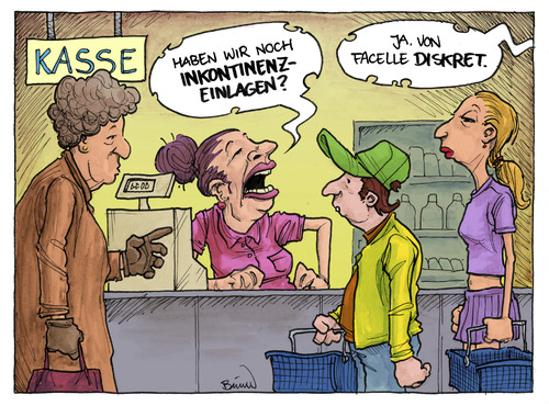 Cartoon: Kleine Einlage (medium) by Bülow tagged inkontinenz,windel,einlage,scham,supermarkt,markt,diskret,diskretion,inkontinenz,windel,einlage,scham,supermarkt,markt,diskret,diskretion,kasse,einkaufen,kassiererin