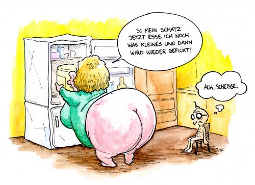 Cartoon: Was Kleines (medium) by Bülow tagged lust,frust,essen,liebe,übergewicht,cartoon,kühlschrank,beziehung,ehe,partnerschaft,frau,frauen,mann,männer,ehepaar,fressen,schwein,tier,arsch,po,hintern,sex,sexualität,nötigung,angst,furcht,frust,geschlechtsverkehr,verkehr,essen,futter,mahlzeit,nahrung,ernährung,übergewicht,gesundheit,fettsucht,liebe