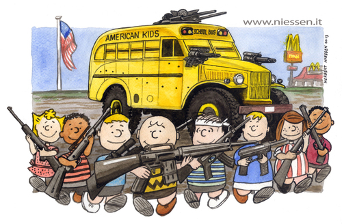 Cartoon: american kids (medium) by Niessen tagged guns,america,peanuts,kids,schoolbus,rifle