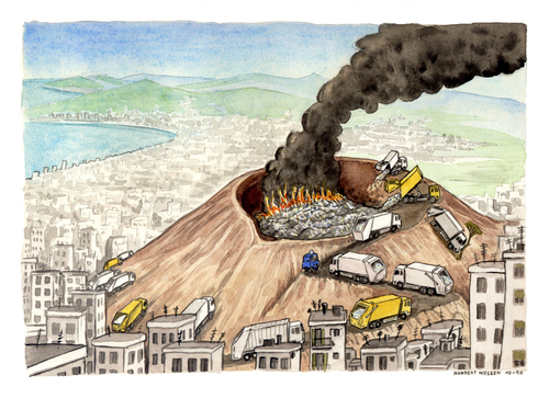 Cartoon: Bella Napoli (medium) by Niessen tagged trash,neaples,garbage,vulcan,vesuvius,fire,burning,recycling,city