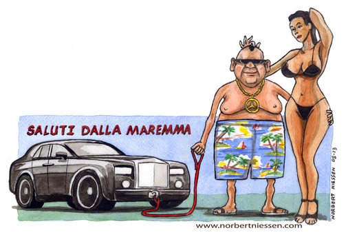 Cartoon: Saluti dalla Maremma (medium) by Niessen tagged invidia,cartolina,rollsroyce,macchina,donna,estate,vacanze,envy,postcard,machinery,woman,summer,holidays,neiden,postkarte,auto,frau,sommer,urlaub