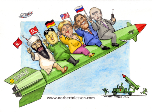 Cartoon: Smile (medium) by Niessen tagged missile,war,binladen,kimjong,merkel,obama,putin,plane,launching,flags