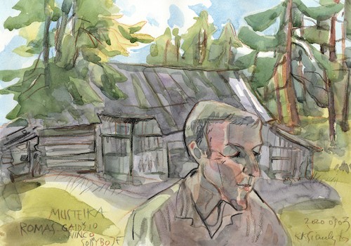 Cartoon: A trip to the village. Romas (medium) by Kestutis tagged watercolor,sketch,village,woods,kestutis,lithuania