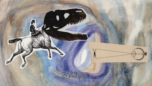 Cartoon: Collage philosophy (medium) by Kestutis tagged collage,philosophy,kestutis,lithuania,art,kunst,dada,dinosaur,horse,scissors