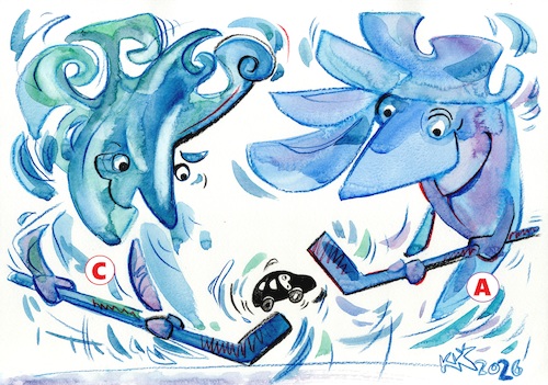 Cartoon: Cyclone and Anticyclone play hoc (medium) by Kestutis tagged cycone,winter,kestutis,lithuania,sports,snow,ice,car,olympic,games,milan,cortina,anticyclone,play,hockey