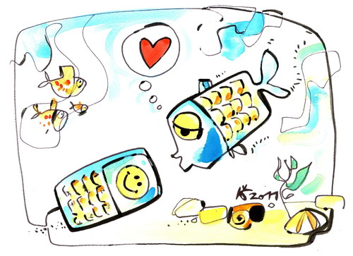 Cartoon: FISH LOVE (medium) by Kestutis tagged mobile,phone,cell,bottom,beach,love,fish