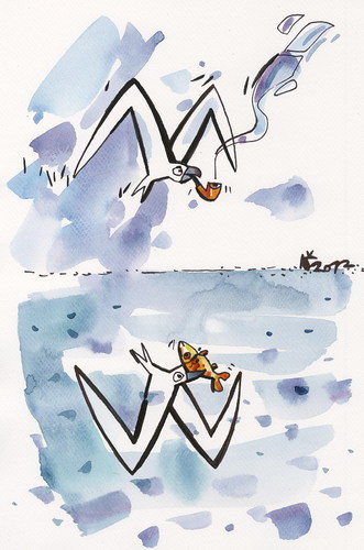 Cartoon: Man - Woman (medium) by Kestutis tagged man,mirror,woman,bird,sea,fish,pipe