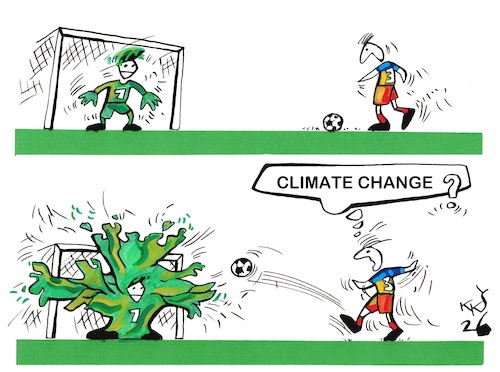 Cartoon: PENALTY (medium) by Kestutis tagged football,tree,kestutis,lithuania,kussball,climate,change,goalkeeper,soccer,world,cup,sports,fifa,2026,penalty,mundial