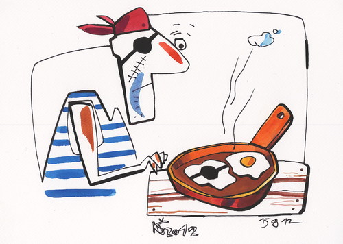Cartoon: PIRATE BREAKFAST (medium) by Kestutis tagged lithuania,siaulytis,kestutis,lebensmittel,essen,food,ei,egg,kitchen,turtle,adventure,pan,skillet,pfanne,breakfast,pirate,chef,cook