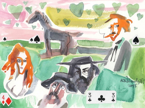 Cartoon: Three friends (medium) by Kestutis tagged friend,cards,kestutis,lithuania,dada,kunst,art,valentinstag,watercolor,love,valentine,aquarell,western,cowboy,man,woman
