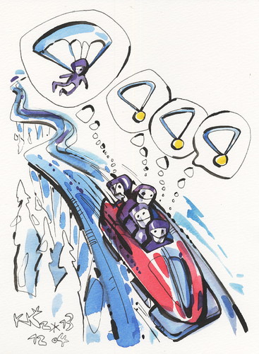 Cartoon: Winter Olympic. Bobsleigh (medium) by Kestutis tagged bobsleigh,winter,olympic,sochi,2014,sports,medals,parachute,kestutis,lithuania