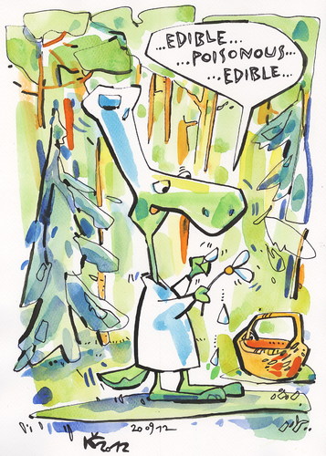 Cartoon: EDIBLE...POISONOUS...EDIBLE... (medium) by Kestutis tagged forest,wald,pilze,mushrooms,poisonous,somic,strip,nature,pirate,chef,edible,kestutis,siaulytis,lithuania,photo,adventure