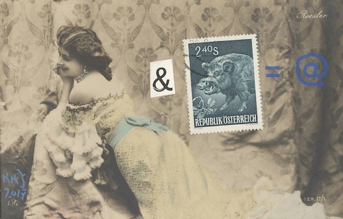 Cartoon: Postcard and postmark equal... (medium) by Kestutis tagged postcard,postmark,equal,dada,email,woman,animal,kestutis,lithuania