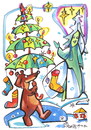 Cartoon: Brown Bear goes to Santa Claus (small) by Kestutis tagged bear,travel,santa,claus,kestutis,lithuania,fir,tanne,regenschirm,umbrella,christmas,weihnachten,winter,star,stern