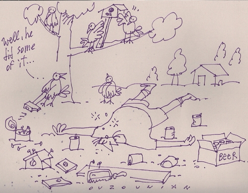 Cartoon: birdhouses and stuff (medium) by ouzounian tagged birds,birdhouse,drinking,carpentry
