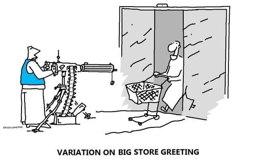 Cartoon: retail and stuff (medium) by ouzounian tagged stores,retail,greeters,greeting