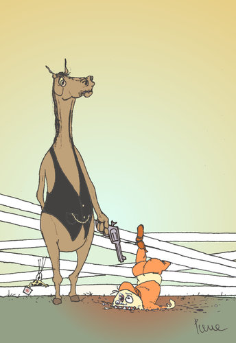 Cartoon: Gnadenschuss (medium) by Pierre tagged reitunfall,gnadenschuss,unfall,reiten,reitsport,jockey,national,grand,hindernisrennen,pferderennen,pferd,miesmuschel,muschel