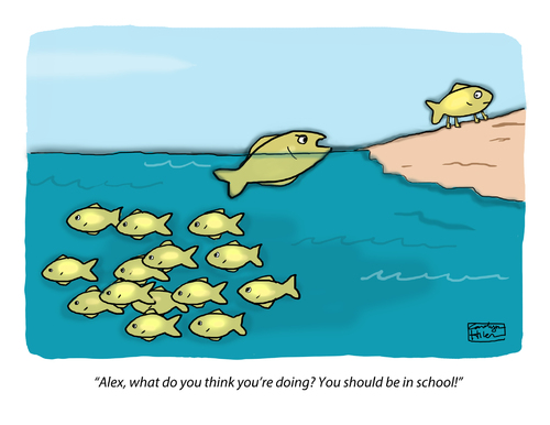 Cartoon: Stay in School? (medium) by a zillion dollars comics tagged evolution,school,academics,invention,evolve,science,fish,animals,society,rules,regulations,conformity,math2022,individuality