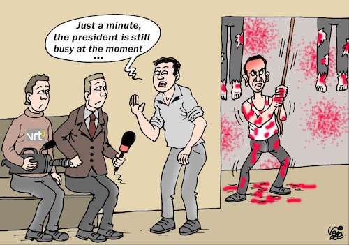 Cartoon: ASSAD INTERVIEWED... (medium) by Vejo tagged assad,torture,human,rights,war,crime,press