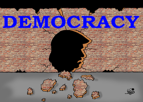 Cartoon: TRUMP and DEMOCRACY (medium) by Vejo tagged trump,usa,elections,false,accusations,lies,dangerous