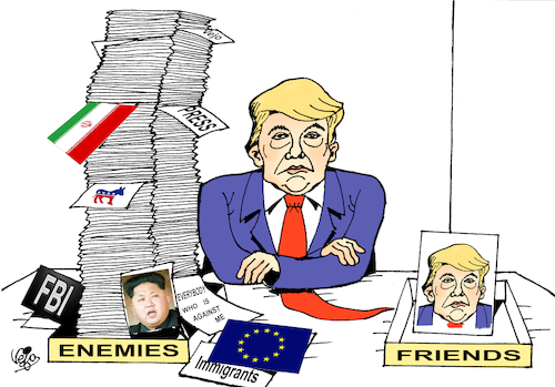 Cartoon: Trump and Enemies... (medium) by Vejo tagged trump,narcissism,enemies,friends,immigrants,press,democrats,north,korea,iran,europe,fbi,everybody