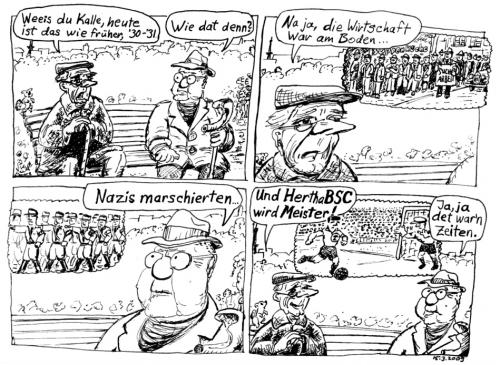 Cartoon: Hertha wird Meister (medium) by Alan tagged hertha,meister,1930,1931,fussball,football,alte,soccer,berlin,funkturm,wirschaftskrise,weltwirschaftskrise,nazis,nazi,champion,depression,berliner