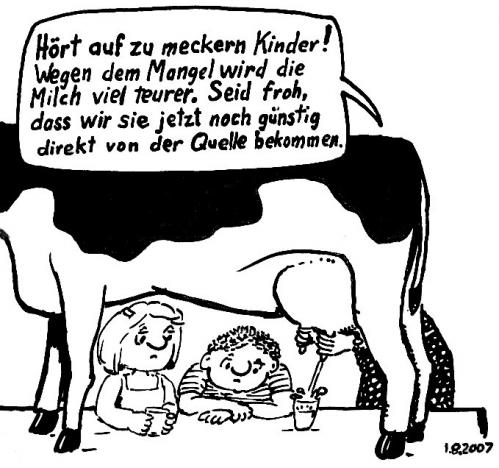 Cartoon: Milchknappheit (medium) by Alan tagged milch,knappheit,kuh,kinder,melken,
