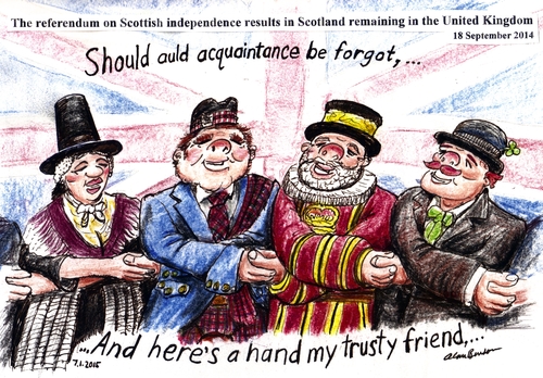 Cartoon: Scotland remains in the UK (medium) by Alan tagged auld,acquaintance,welsh,english,scottish,irish,forgot,uk,referendum,union