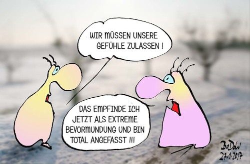 Cartoon: GEFÜHLSECHT (medium) by BoDoW tagged gefühl,emotion,zulassen,sensibel,empfindlich,alternativ,offen,beziehung,paar,kommunikation