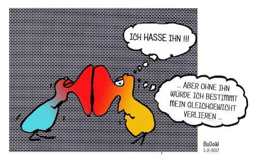 Cartoon: Voll Verhakt ... (medium) by BoDoW tagged beziehung,paar,gleichgewicht,balance,abhängigkeit,nähe,krankhaft,psychologie