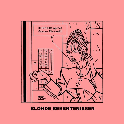 Cartoon: Blonde Bekentenissen - Plafond (medium) by Age Morris tagged tags,blondebekentenissen,blondeconfessions,aboutloveandlife,victorzilverberg,agemorris,spuug,spugen,glazenplafond,carrierevrouw,carrierebitch,domblondje,lift,bellen