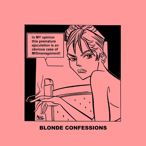 Cartoon: Blonde Confessions - Mismanage! (medium) by Age Morris tagged manandwoman,bedtalk,careerbabe,mismanagement,mismanage,opinion,ejaculate,premature,pe,victorzilverberg,atomstyle,blondeconfessions,agemorris,aboutloveandlife,dumbblonde,hotbabe,boobs,tags