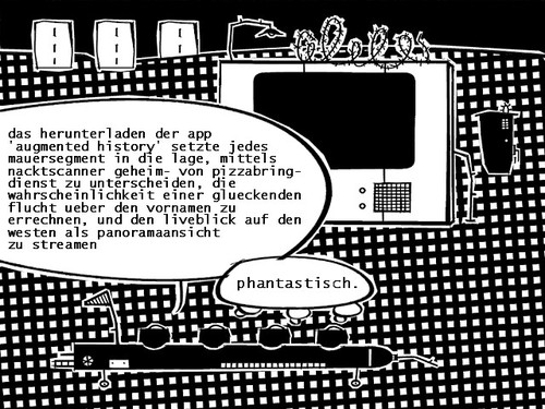 Cartoon: augmented history (medium) by bob schroeder tagged tag,einheit,deutsche,mauer,berlin,geschichte,augmented,reality,history,feier,mauertourismus