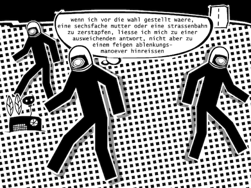 Cartoon: Autonomes Gehen (medium) by bob schroeder tagged autonom,fahren,gehen,fahrzeug,auto,straßenbahn,dilemma,trolley,problem,moral,mobilität