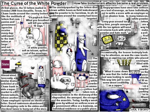 Cartoon: curse of the white powder (medium) by bob schroeder tagged anthrax,letter,government,hoax,anxiety,hate,mail