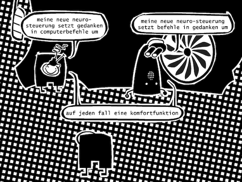 Cartoon: Komfortfunktion (medium) by bob schroeder tagged neurosteuerung,befehle,gedanken,computer,bot,roboter,mensch,transmitter,schnittstelle,gehirn