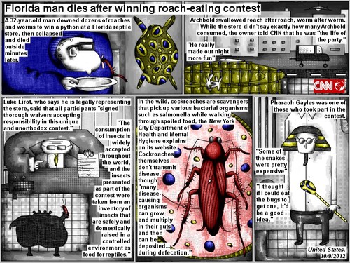 Cartoon: roach eating contest (medium) by bob schroeder tagged death,store,reptile,python,party,cockroach,worm,eating,contest,insect,consumption,food,scavenger,disease,snake,bug