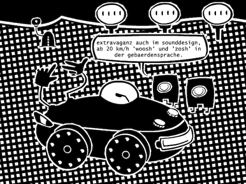 Cartoon: Sounddesign (medium) by bob schroeder tagged avas,auto,elektrisch,fahrzeug,sound,design,fahrgeräusch,elektronisch,klang,sicherheit
