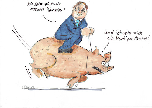 Cartoon: Schweinerei (medium) by Skowronek tagged armin,laschet,schwein,bundestagswahl,markus,söder,grüne,cdu,csu,nrw,marylin,monroe,skowronek,cartoon,karikatur