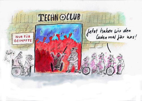 Cartoon: Technoclub (medium) by Skowronek tagged corona,impfung,alte,techno,feiern,party,pandemie